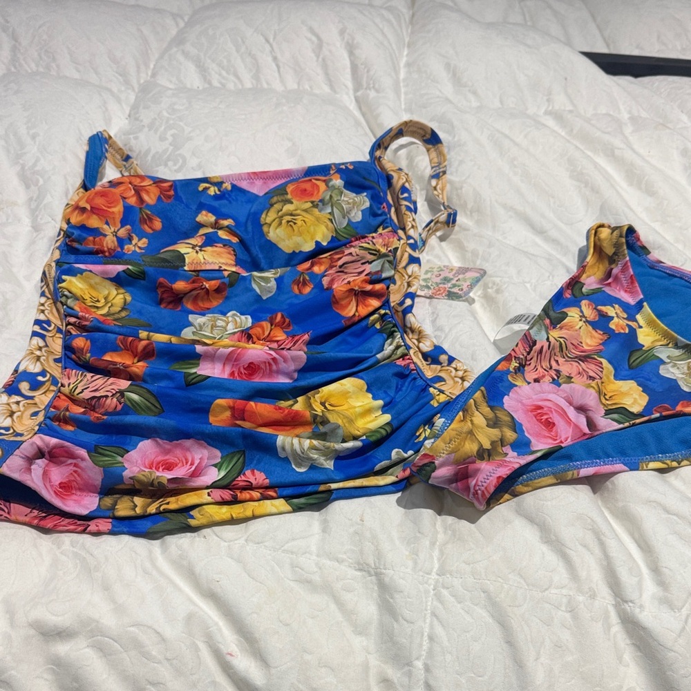 Johnny Was Blue Floral Tankini Set with Pink, Yellow and Orange Roses